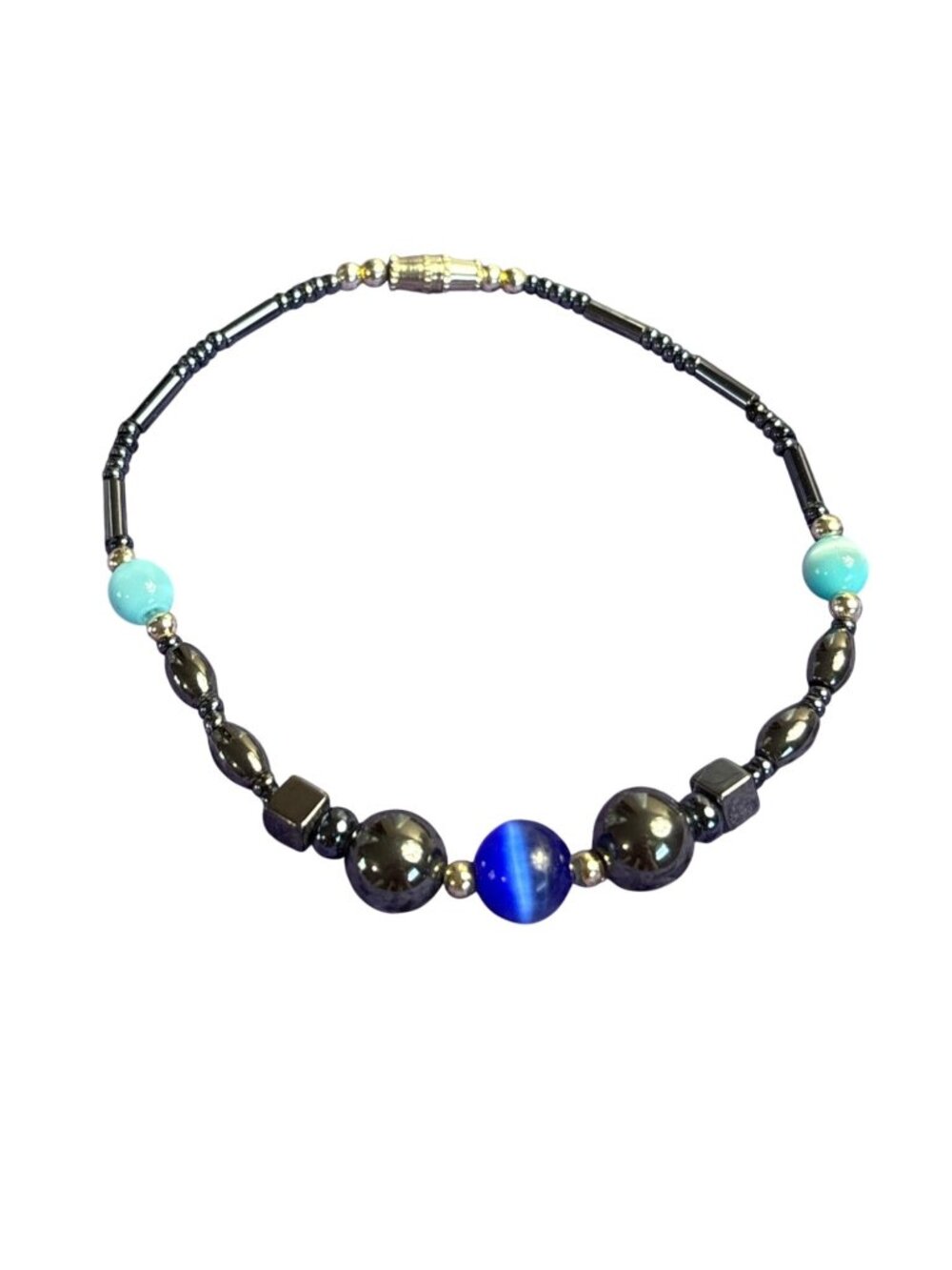 Artisan Beaded Bracelet Sky Blue and Cobalt Cat's Eye Gunmetal Navy Beads 7.5 in